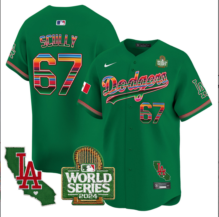 Men MLB Mexico Los Angeles Dodgers #67 Scully green 2024 World Series Champions Patch Jersey 2024110 style 2